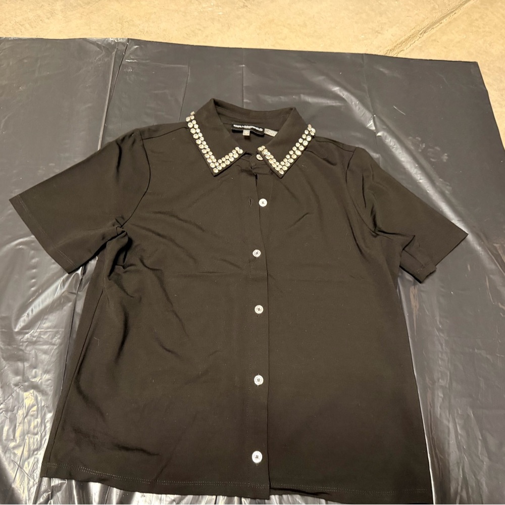 Karl Lagerfeld Black Button Down Shirt with Embellished Collar